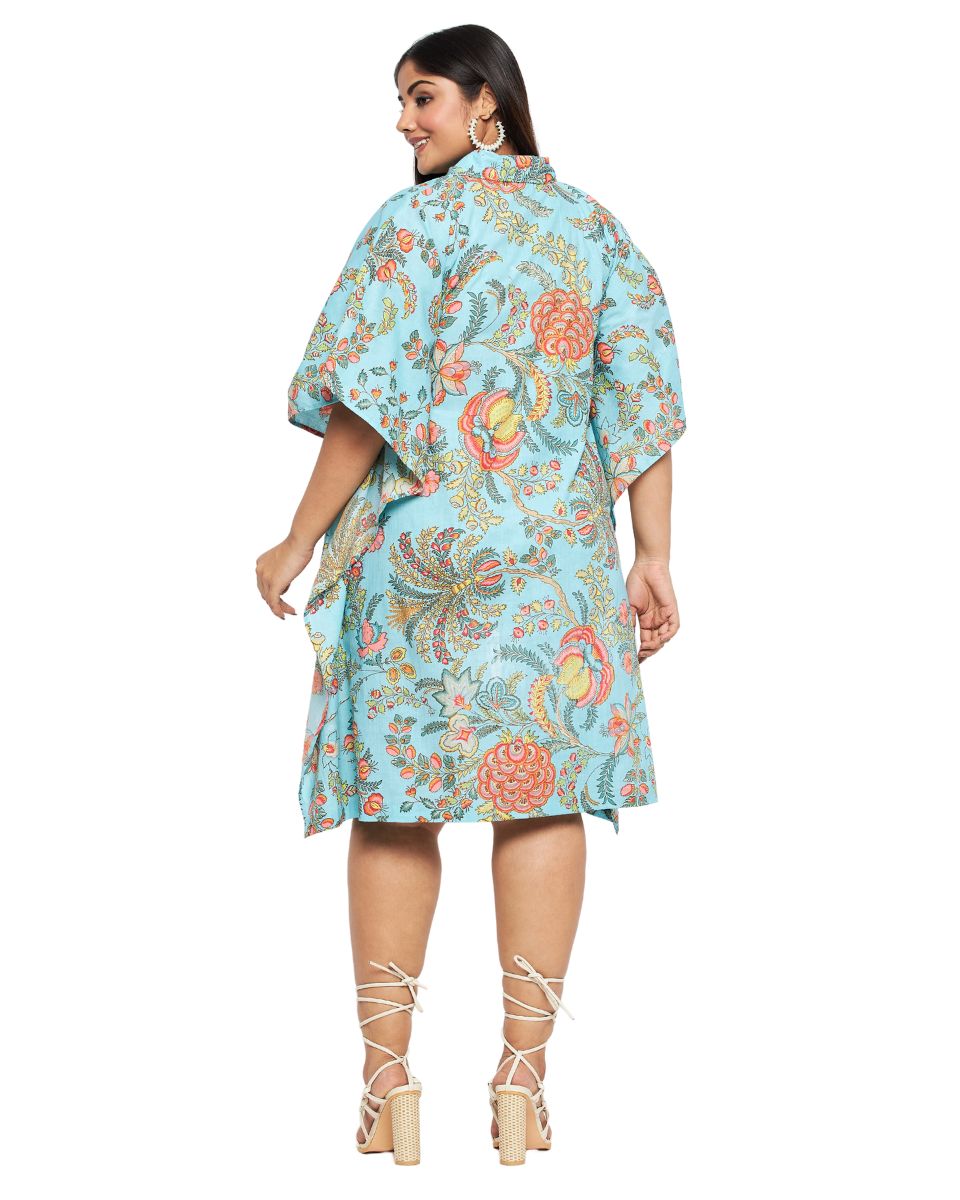 Floral Printed Sky Blue Cotton Front Button Tunic For Plus Size Women