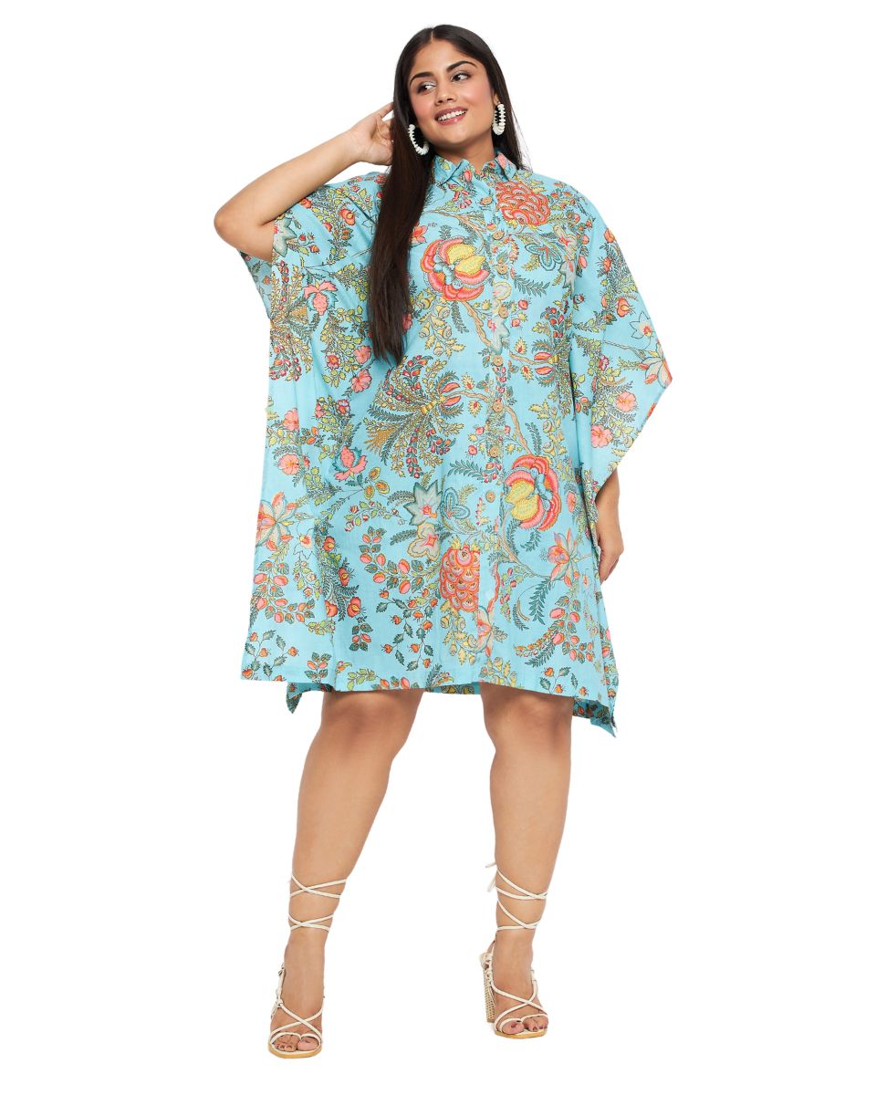 Floral Printed Sky Blue Cotton Front Button Tunic For Plus Size Women
