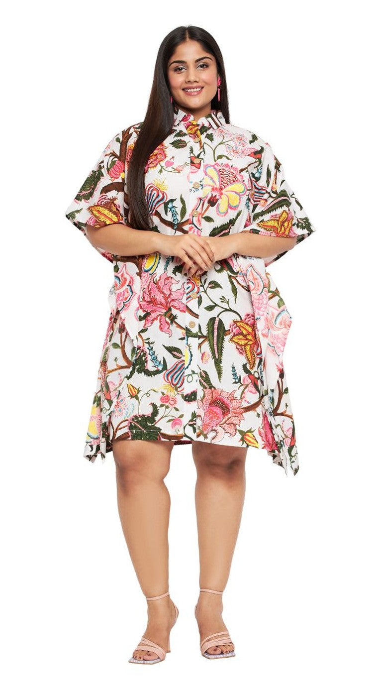 Floral Print White Cotton Front Open Button Tunic For Plus Size Women - SKU SKFT-1010-MULTY - Gypsie Blu