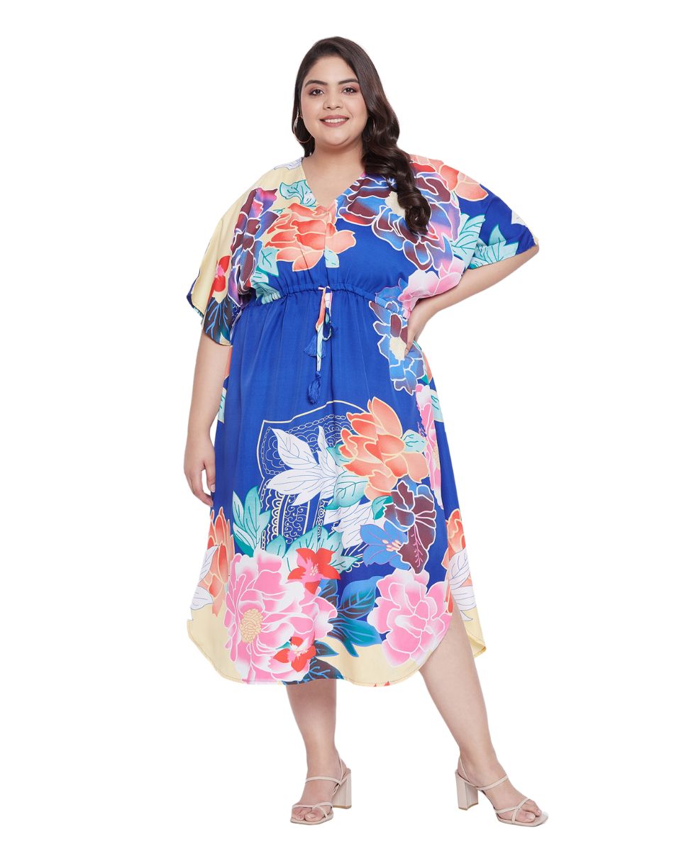 Floral Printed Plus Size Blue Polyester Kaftan Dress For Women