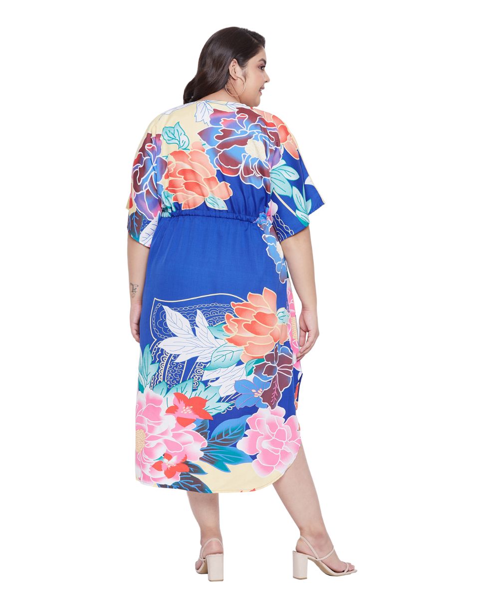 Floral Printed Plus Size Blue Polyester Kaftan Dress For Women