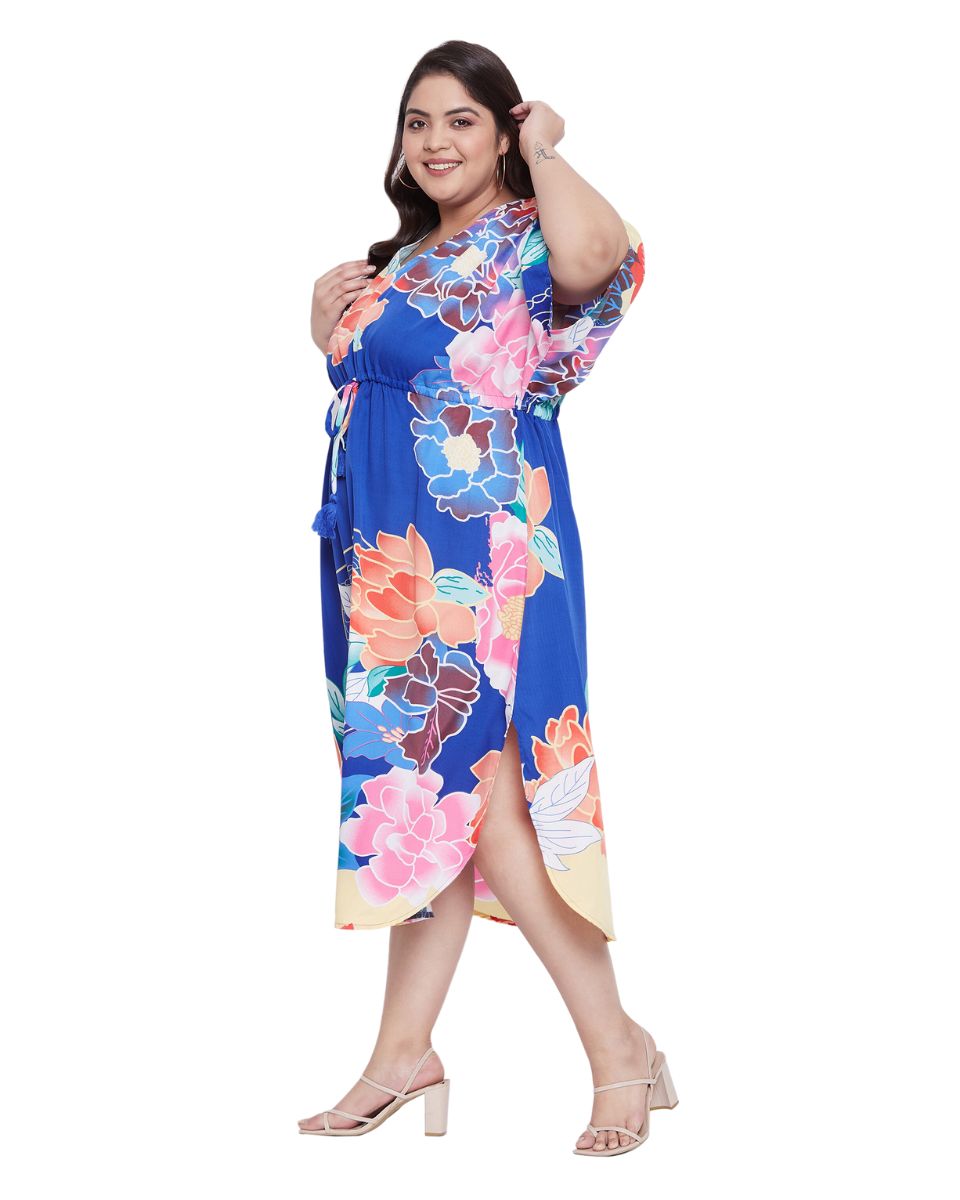 Floral Printed Plus Size Blue Polyester Kaftan Dress For Women