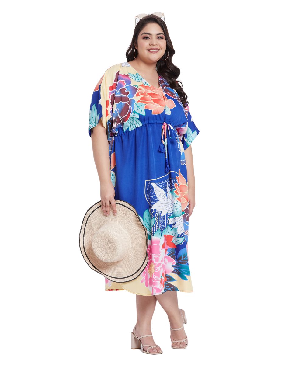 Floral Printed Plus Size Blue Polyester Kaftan Dress For Women