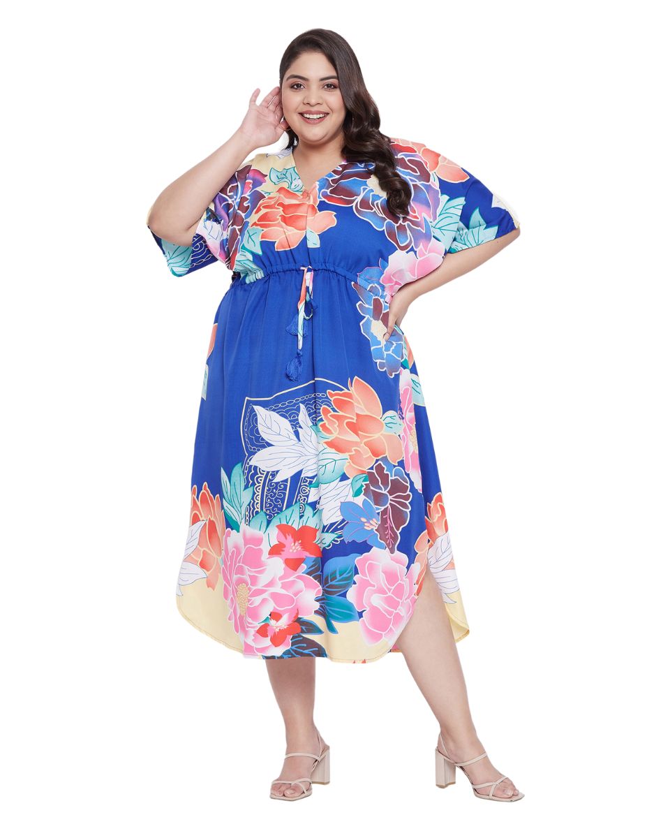 Floral Printed Plus Size Blue Polyester Kaftan Dress For Women
