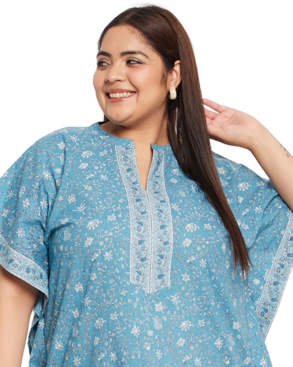 Baby Blue Cotton Floral Printed Bordered Kaftan For Plus Size Women