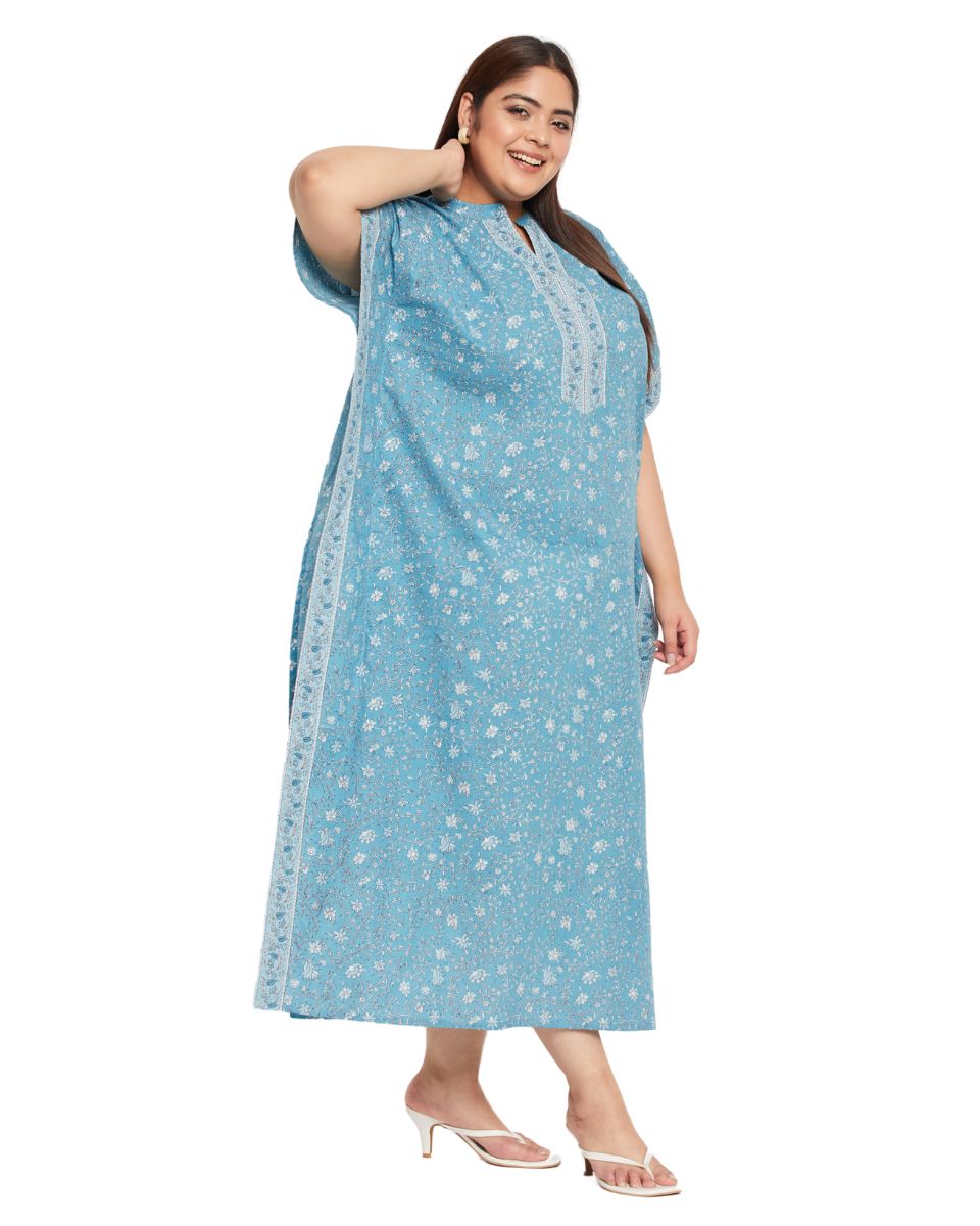 Baby Blue Cotton Floral Printed Bordered Kaftan For Plus Size Women