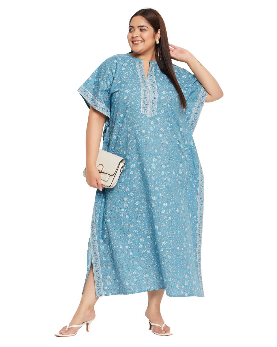 Baby Blue Cotton Floral Printed Bordered Kaftan For Plus Size Women