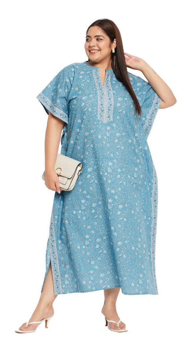 Light blue cotton plus size kaftan dress with ditsy floral print and embroidered V-neckline