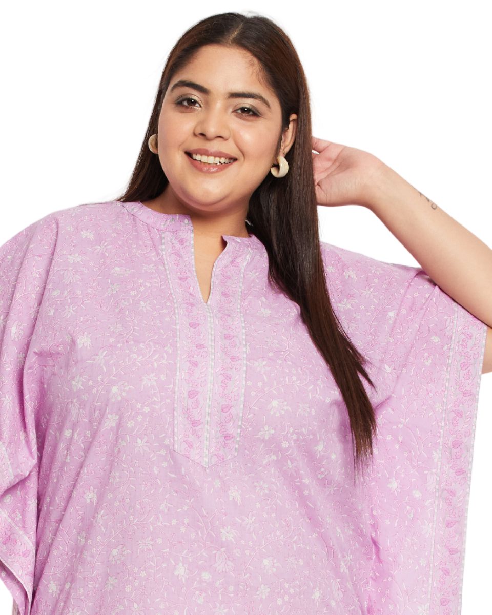Floral Printed Pink Cotton Kaftan Plus Size Dress For Women