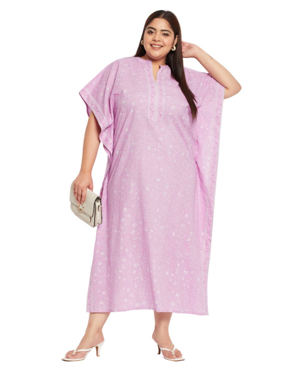 Floral Printed Pink Cotton Kaftan Plus Size Dress For Women