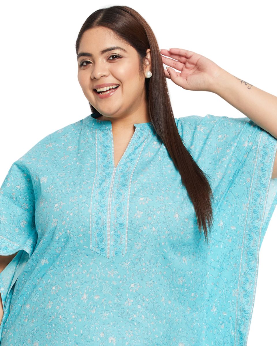Floral Printed Turquoise Cotton Border Plus Size Kaftan For Women