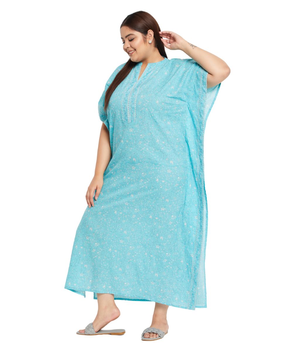 Floral Printed Turquoise Cotton Border Plus Size Kaftan For Women
