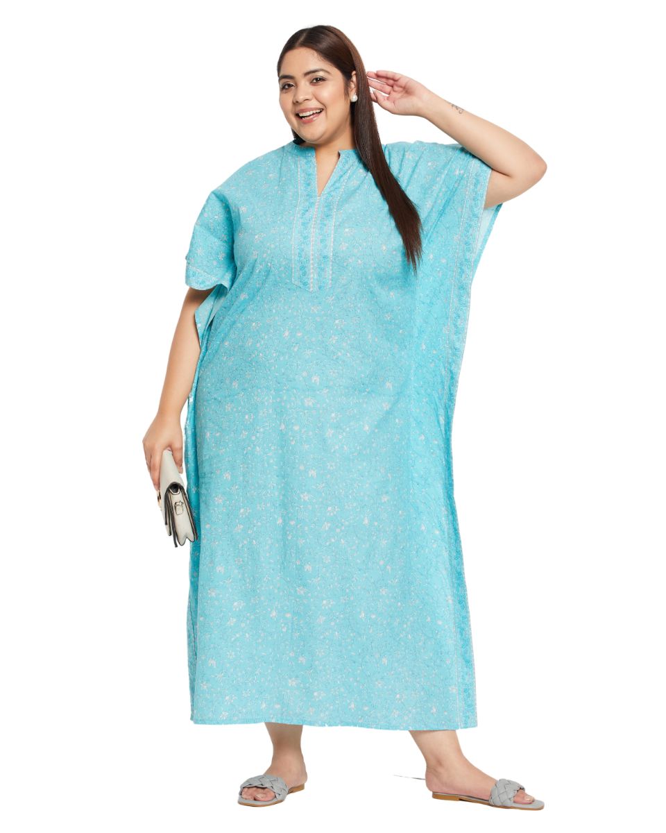 Floral Printed Turquoise Cotton Border Plus Size Kaftan For Women