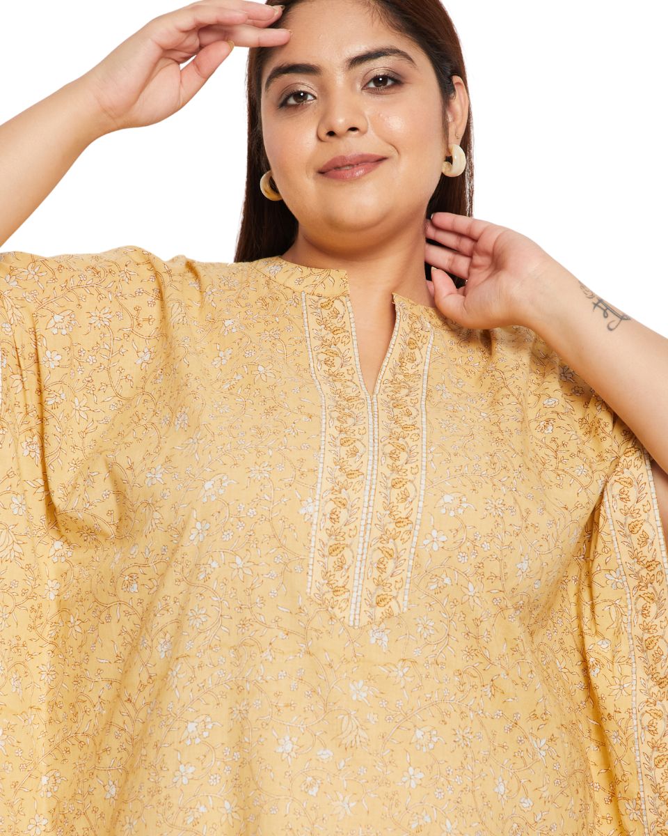 Floral Yellow Cotton Kaftan Plus Size Dress For Women