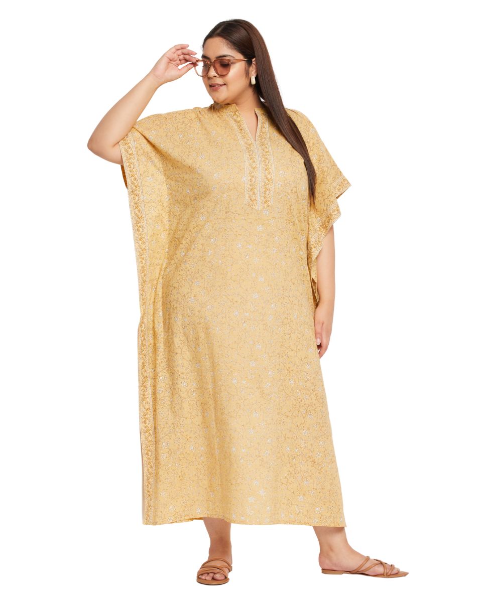 Floral Yellow Cotton Kaftan Plus Size Dress For Women