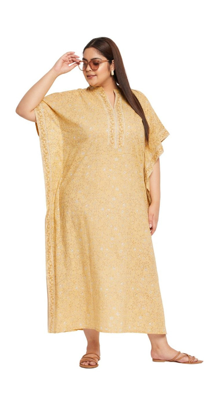 Gold yellow cotton plus size kaftan dress with tonal texture and embroidered V-neck placket