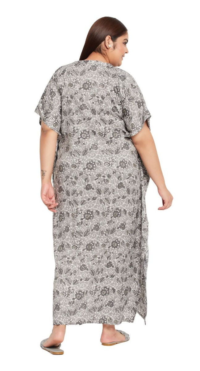 Grey cotton plus size kaftan dress with allover ditsy floral print and 3/4 kimono sleeves — alternate view