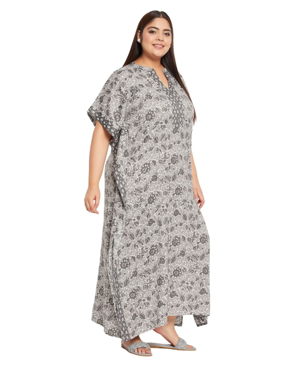 Floral Printed Gray Cotton Plus Size Caftan Dress For Women