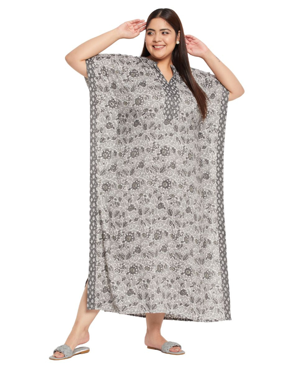 Floral Printed Gray Cotton Plus Size Caftan Dress For Women