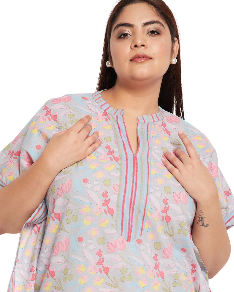 Floral Print Gray Cotton Women Plus Size Kaftan For Resort