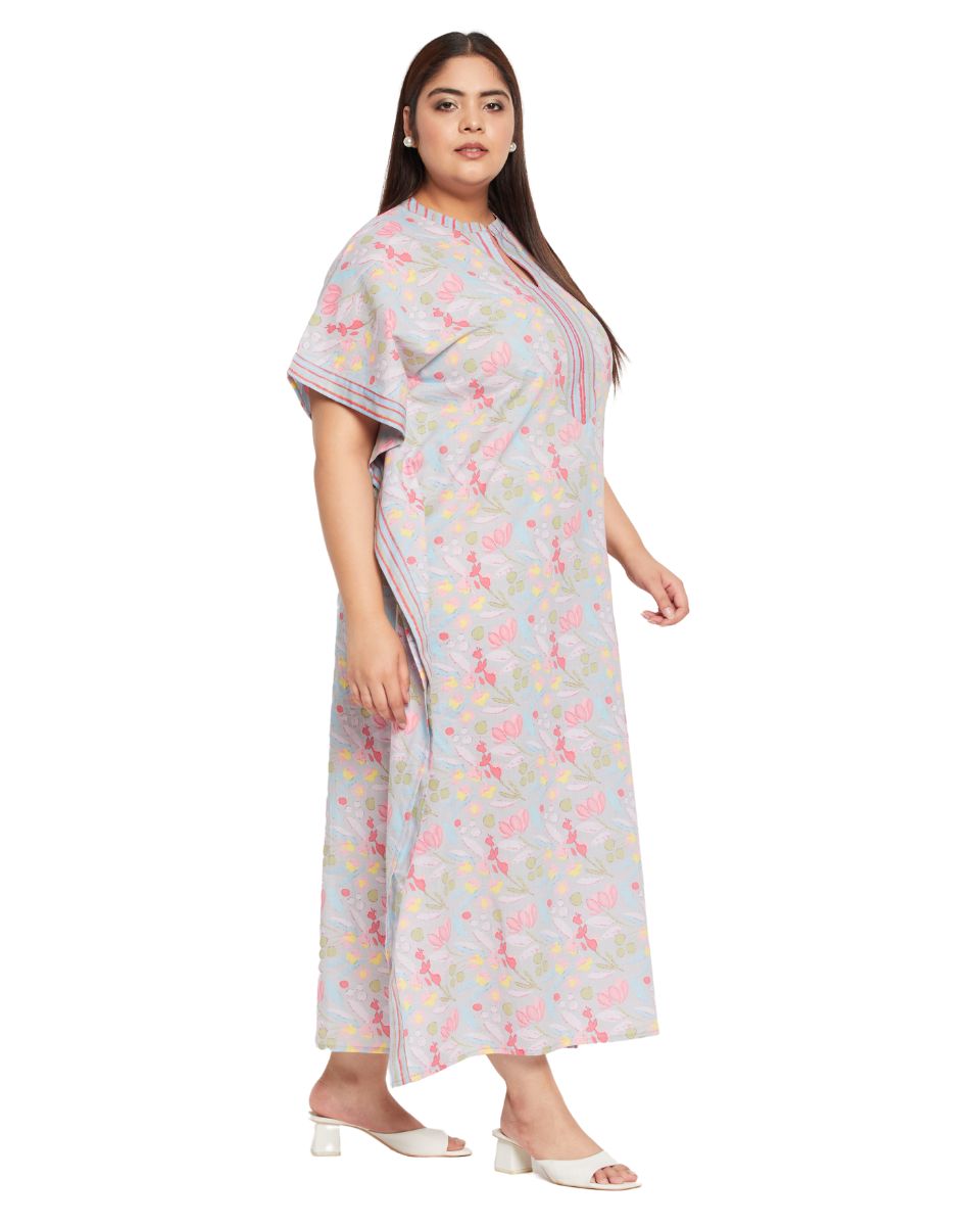 Floral Print Gray Cotton Women Plus Size Kaftan For Resort