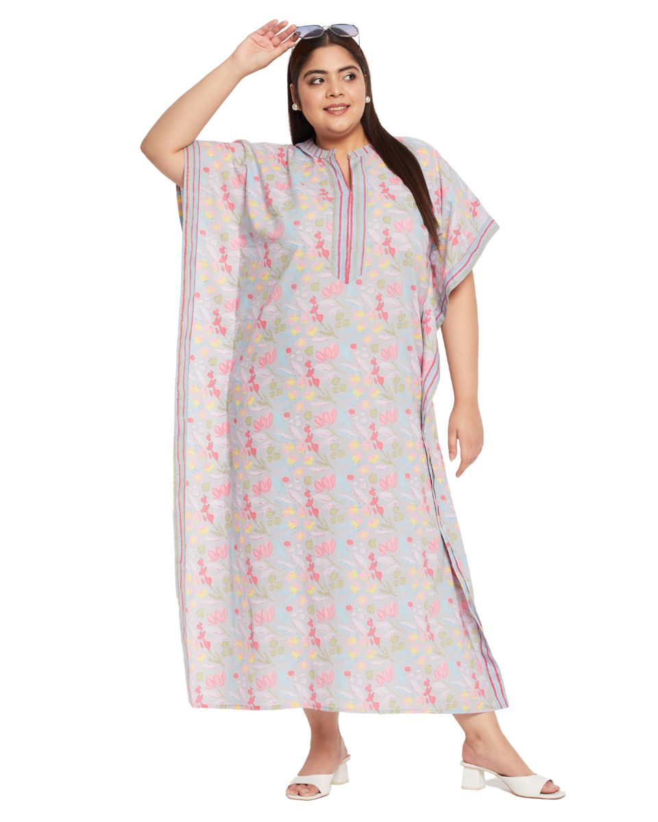 Floral Print Gray Cotton Women Plus Size Kaftan For Resort