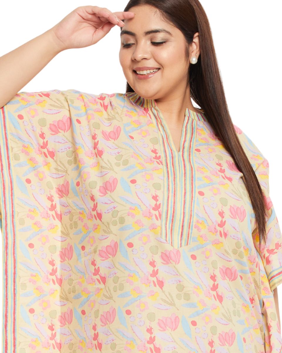 Floral Printed YELLOW Cotton Border Plus Size Kaftan Dress For Women