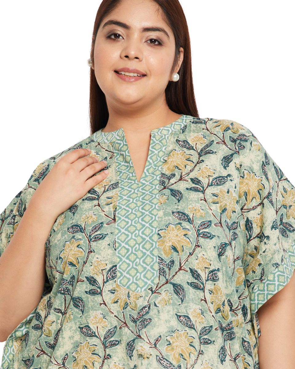 Floral Printed Moss Green Cotton Border Kaftan For Plus Size Women