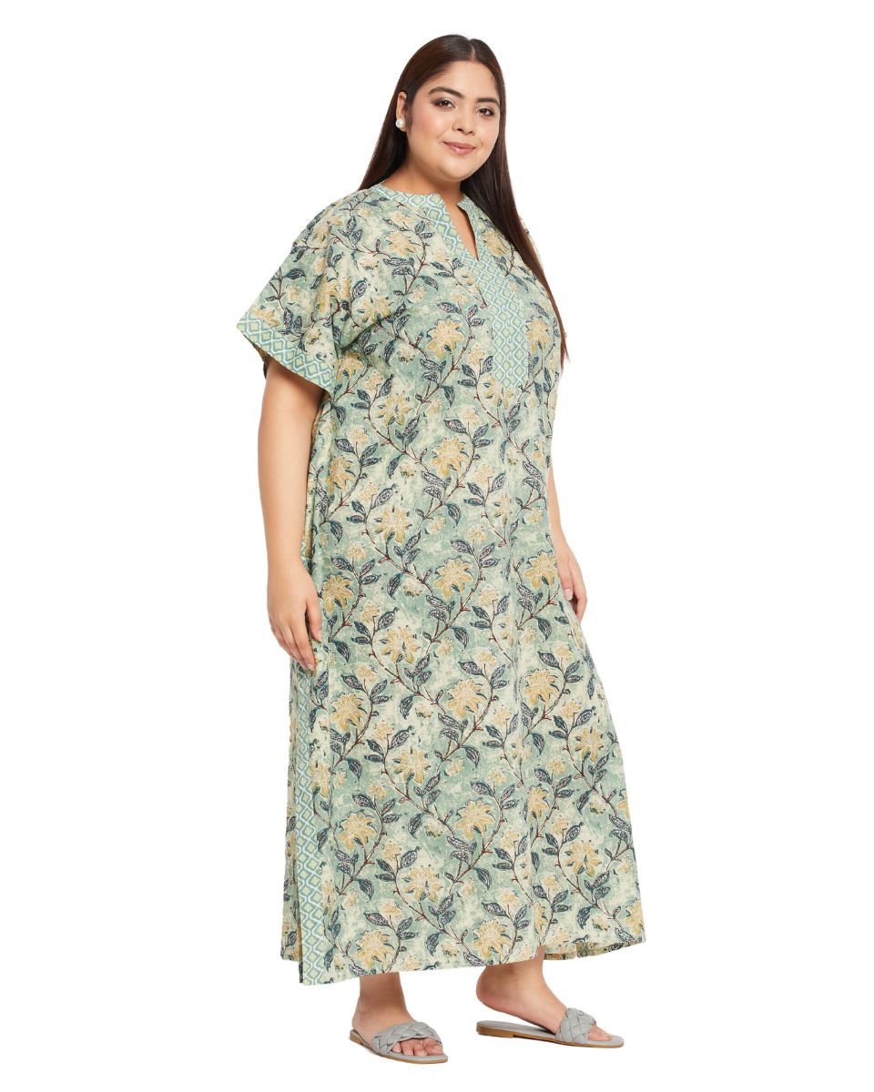 Floral Printed Moss Green Cotton Border Kaftan For Plus Size Women