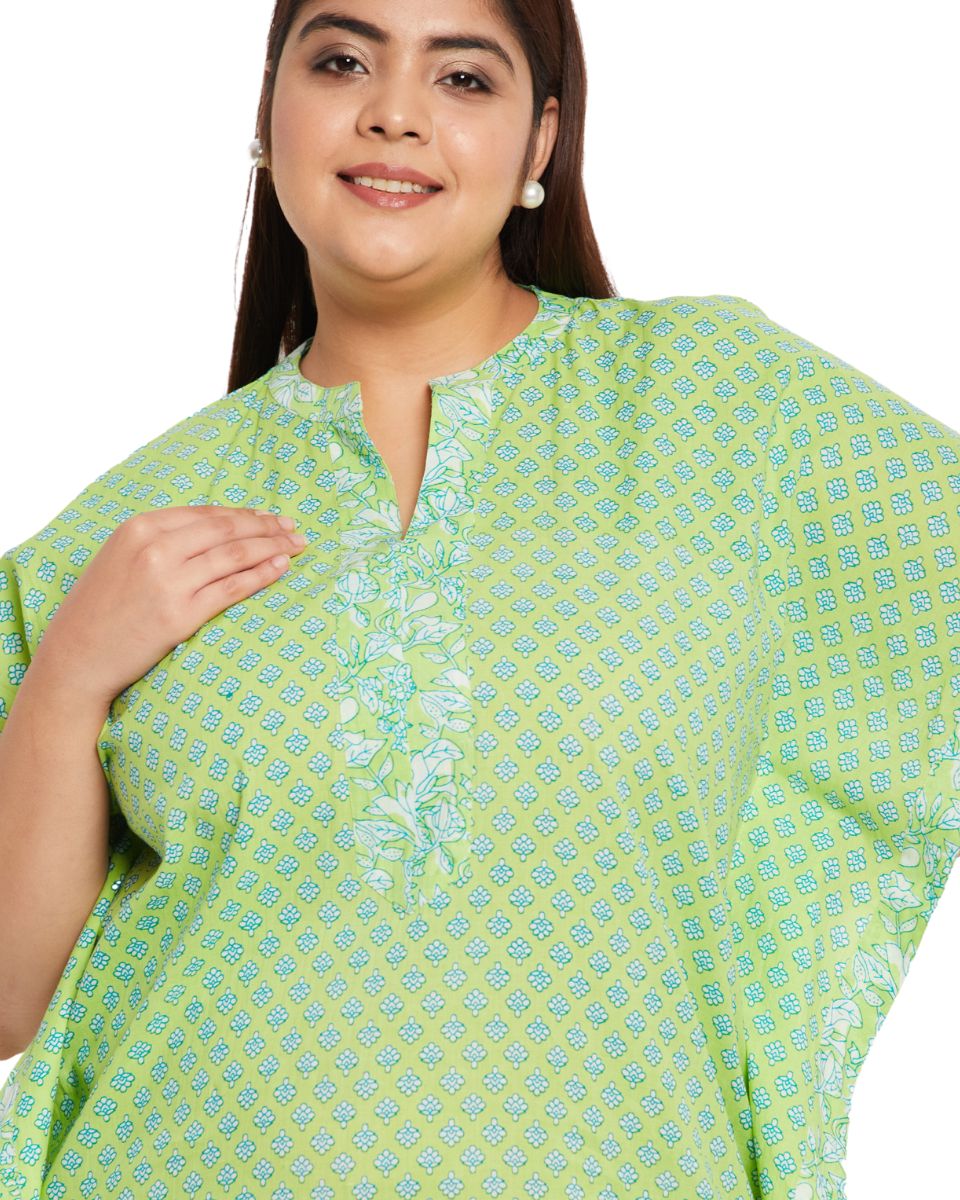 Neon Green Cotton Floral Kaftan Dress For Plus Size Women