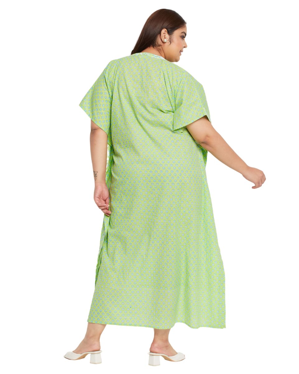Neon Green Cotton Floral Kaftan Dress For Plus Size Women