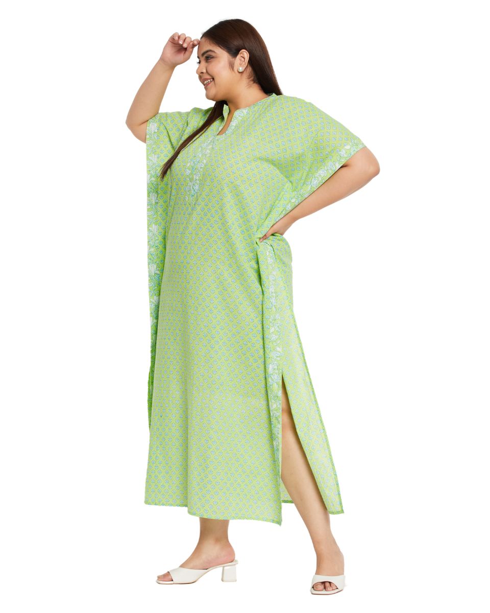 Neon Green Cotton Floral Kaftan Dress For Plus Size Women
