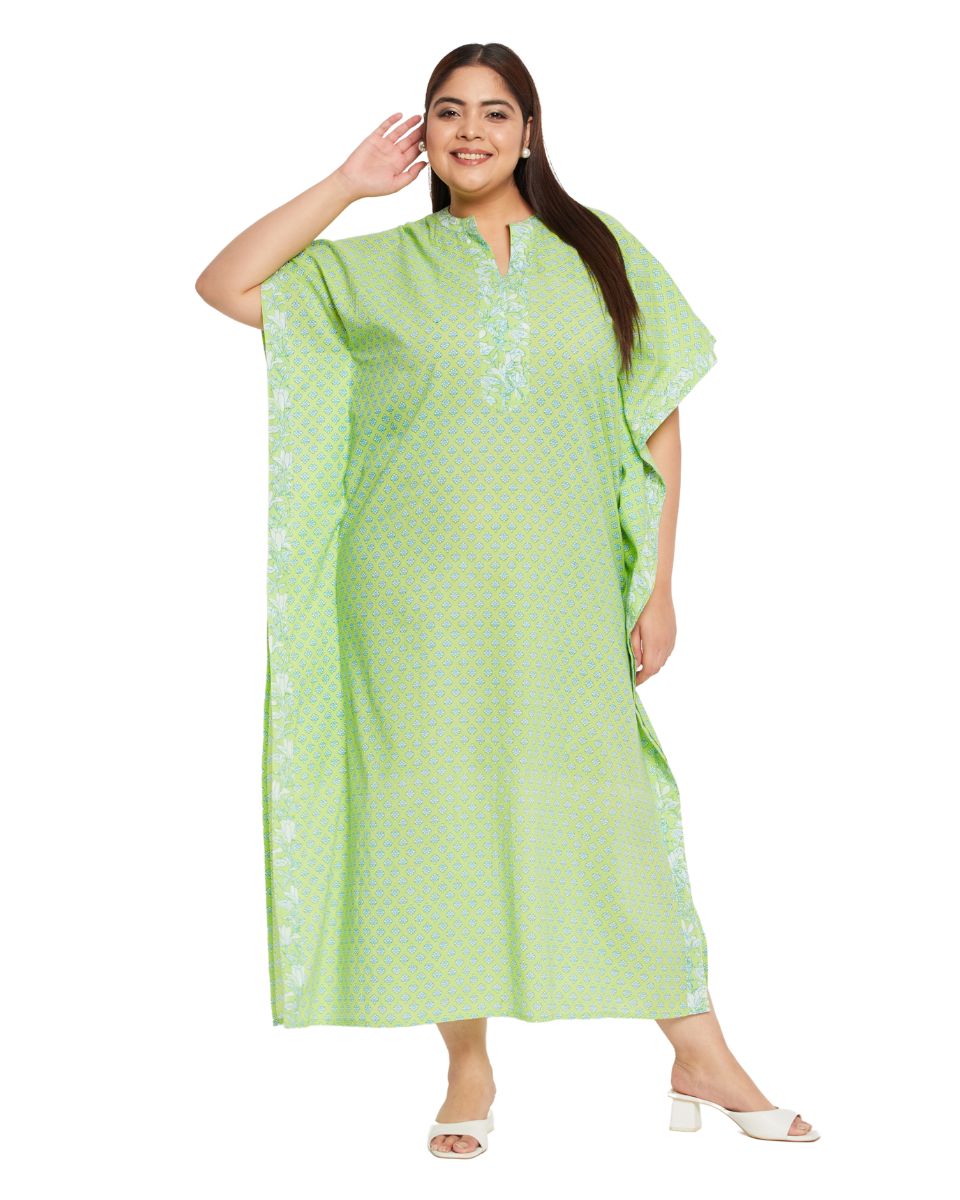 Neon Green Cotton Floral Kaftan Dress For Plus Size Women