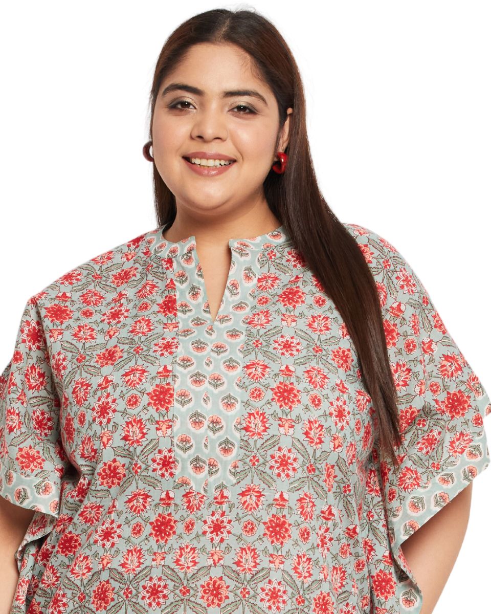 Floral Printed Rust Cotton Border Kaftan For Plus Size Women