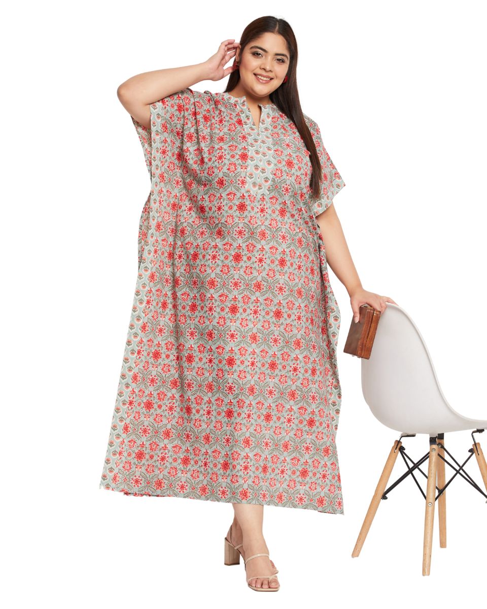 Floral Printed Rust Cotton Border Kaftan For Plus Size Women