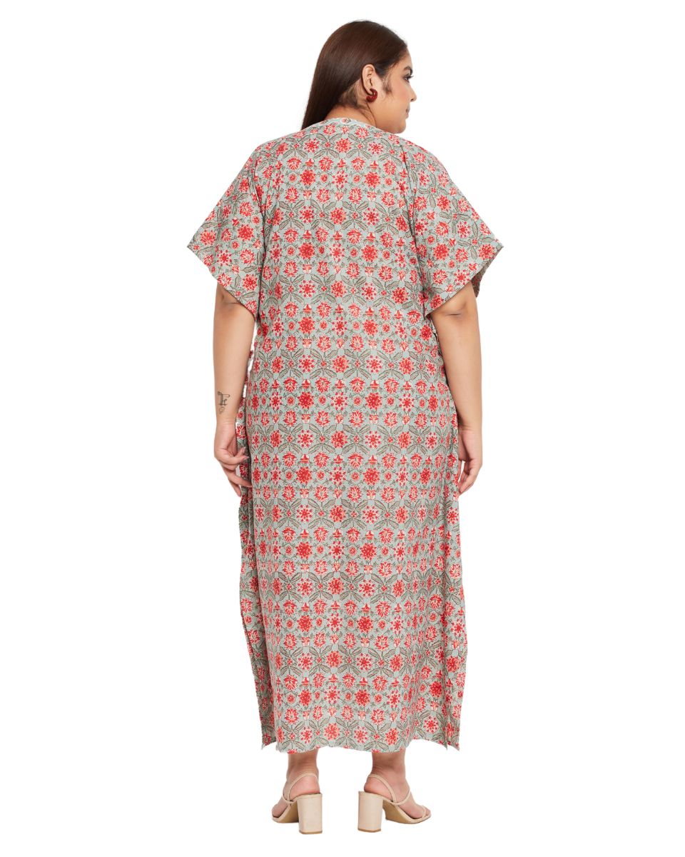 Floral Printed Rust Cotton Border Kaftan For Plus Size Women