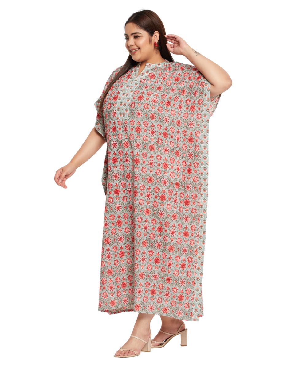 Floral Printed Rust Cotton Border Kaftan For Plus Size Women