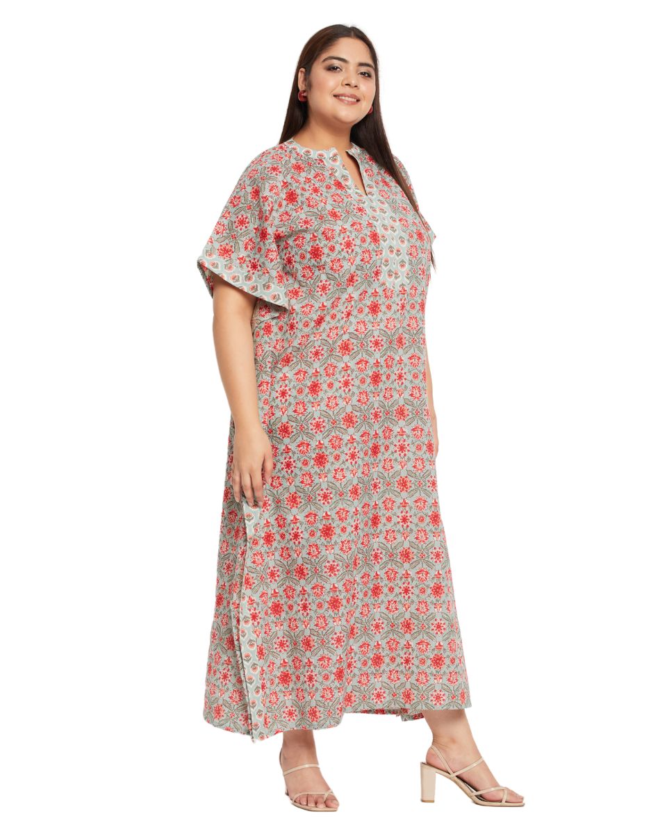 Floral Printed Rust Cotton Border Kaftan For Plus Size Women