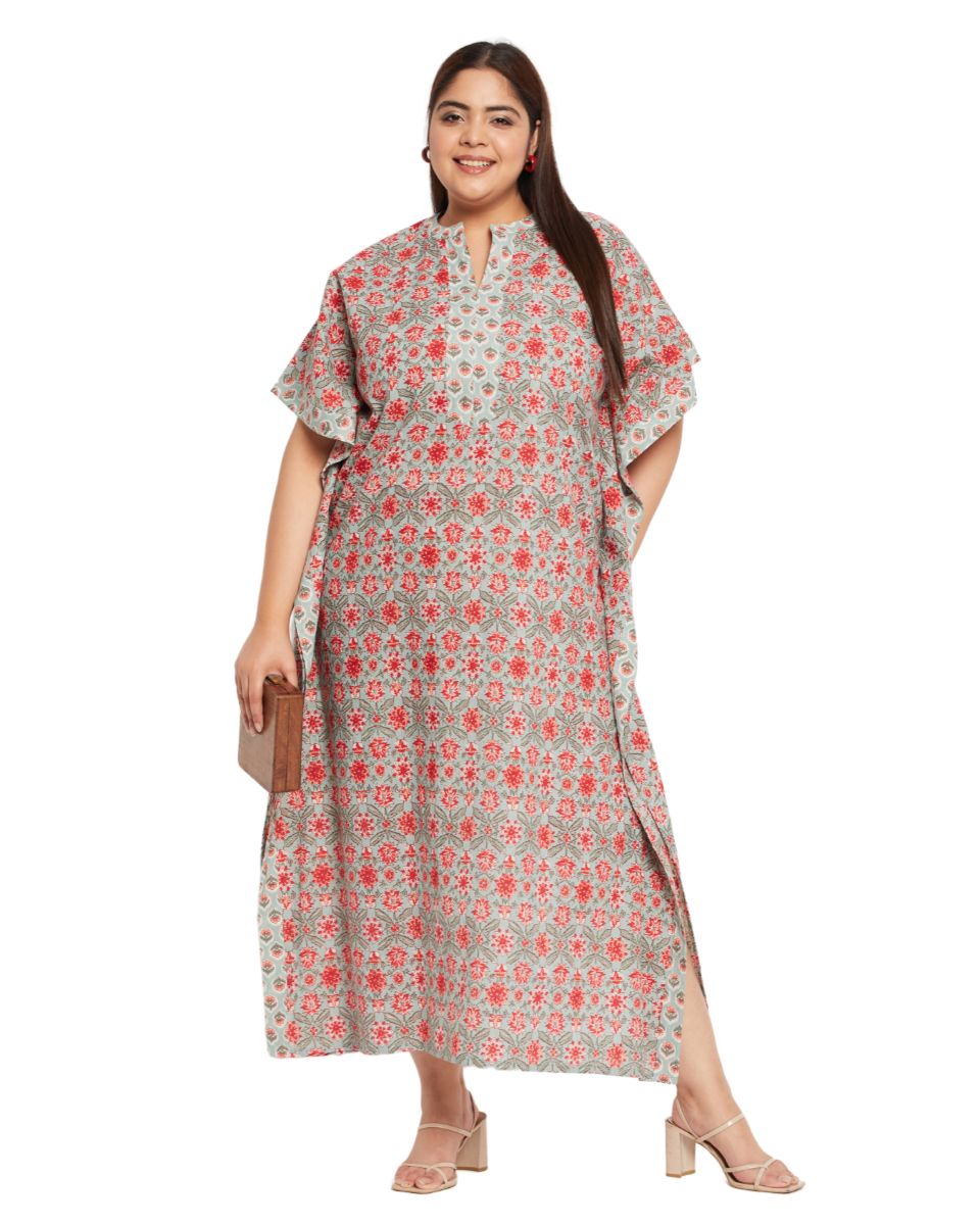 Floral Printed Rust Cotton Border Kaftan For Plus Size Women