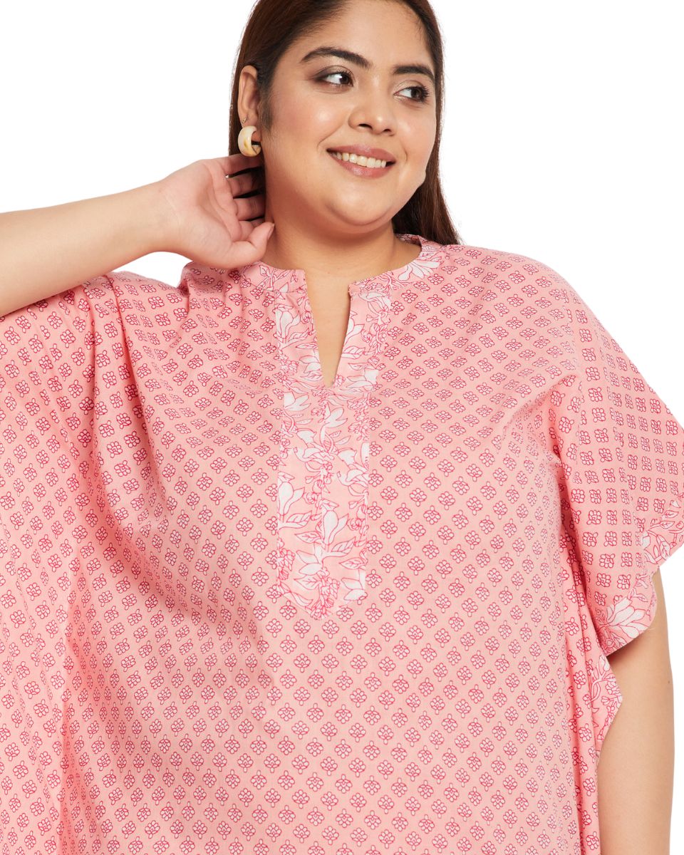 Floral Printed Pink Plus Size Cotton Caftan Dress For Women