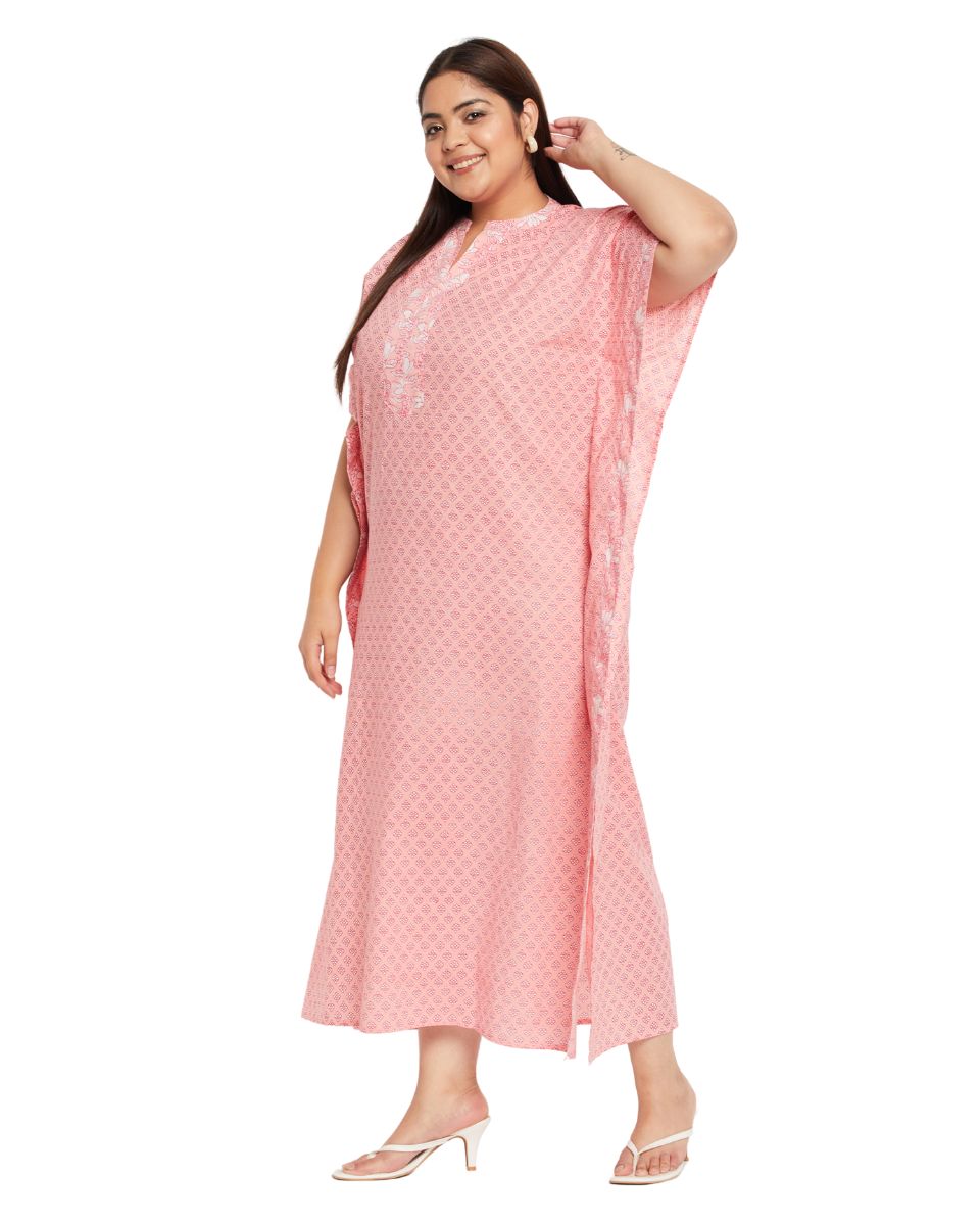Floral Printed Pink Plus Size Cotton Caftan Dress For Women