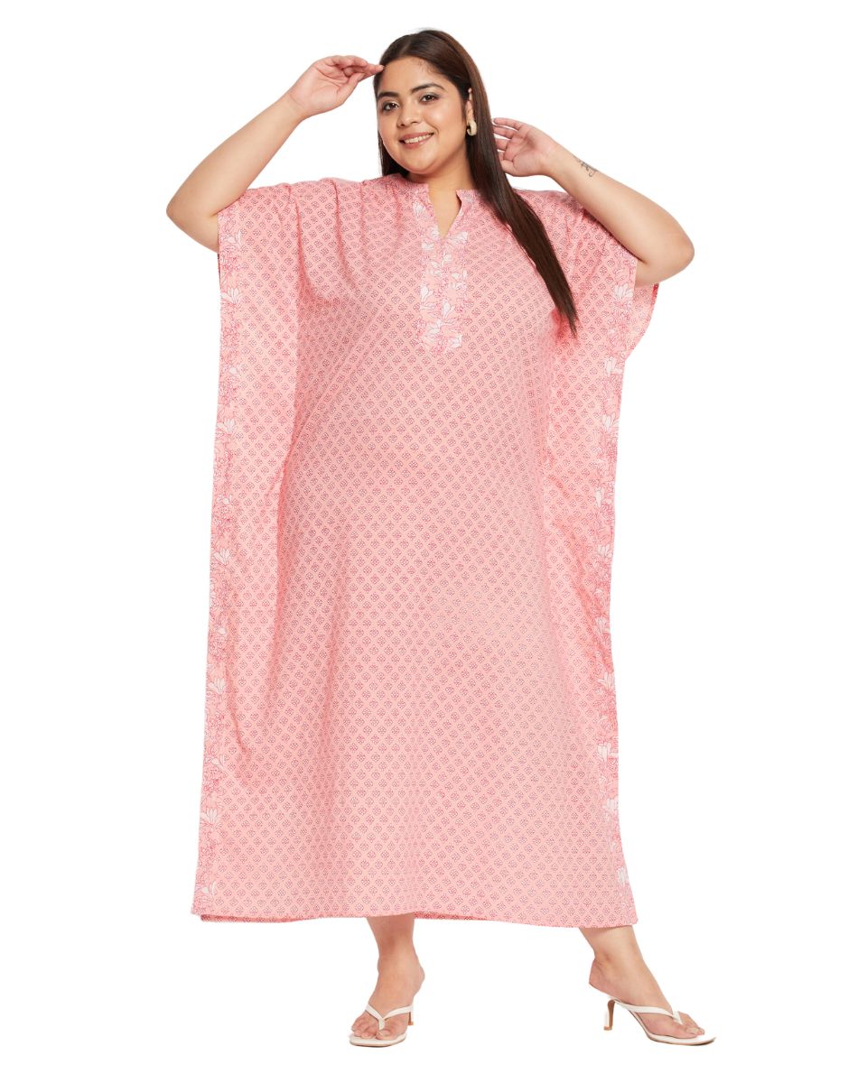 Floral Printed Pink Plus Size Cotton Caftan Dress For Women