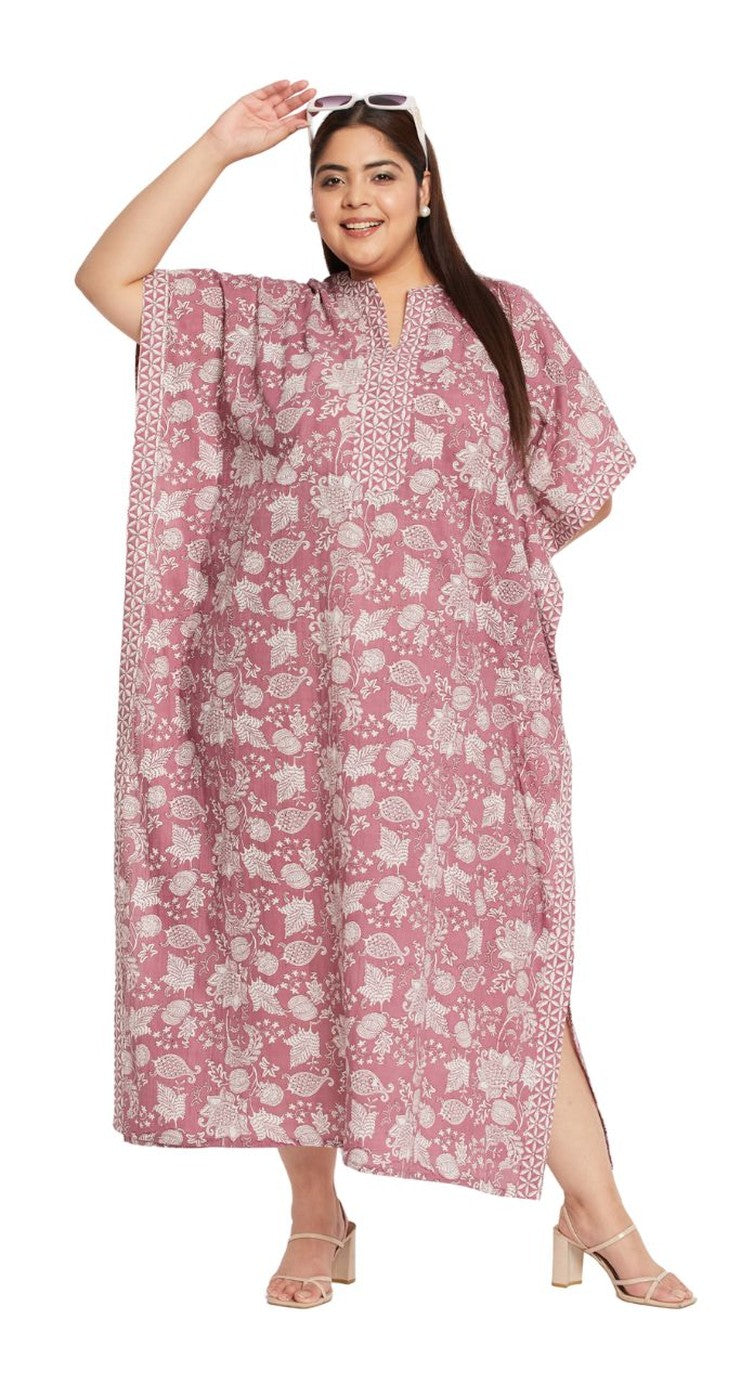 Floral Printed Rust Cotton Elegant Beachwear Women Kaftan - SKU KFT-1131-RUST - Gypsie Blu