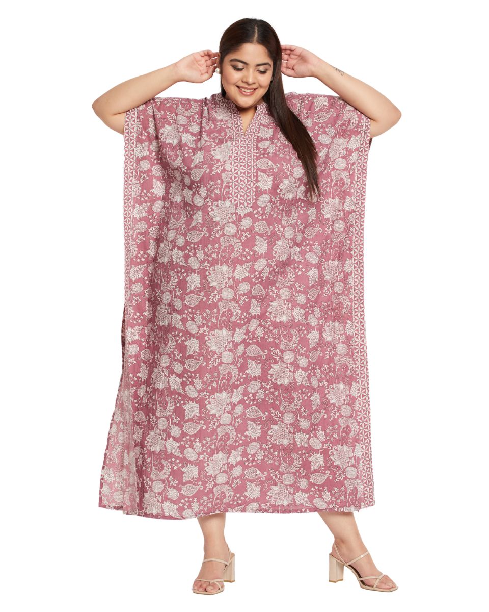 Floral Printed Rust Cotton Elegant Beachwear Women Kaftan