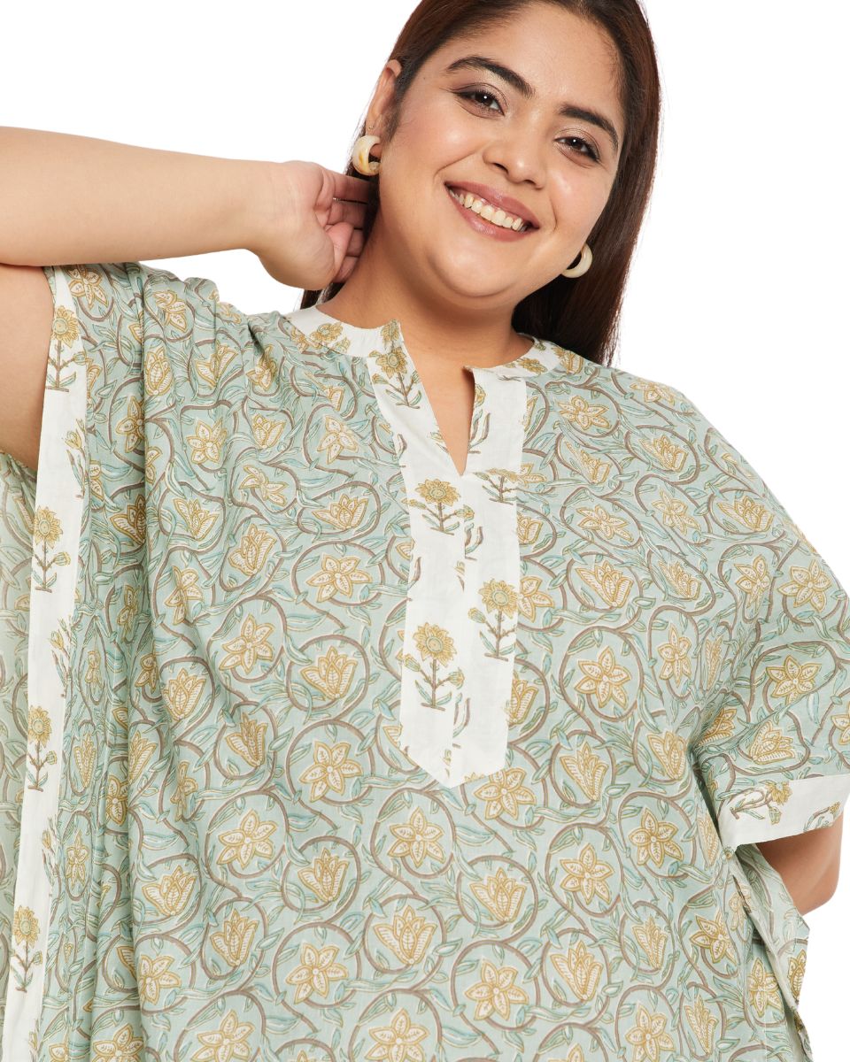 Floral Printed SEA GREEN Cotton Elegant Women Plus Size Kaftan