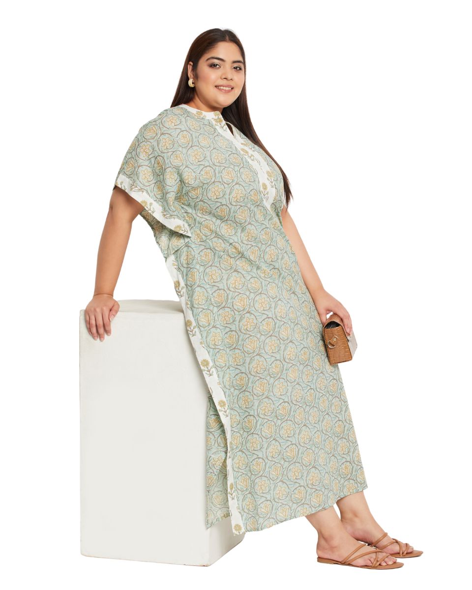 Floral Printed SEA GREEN Cotton Elegant Women Plus Size Kaftan