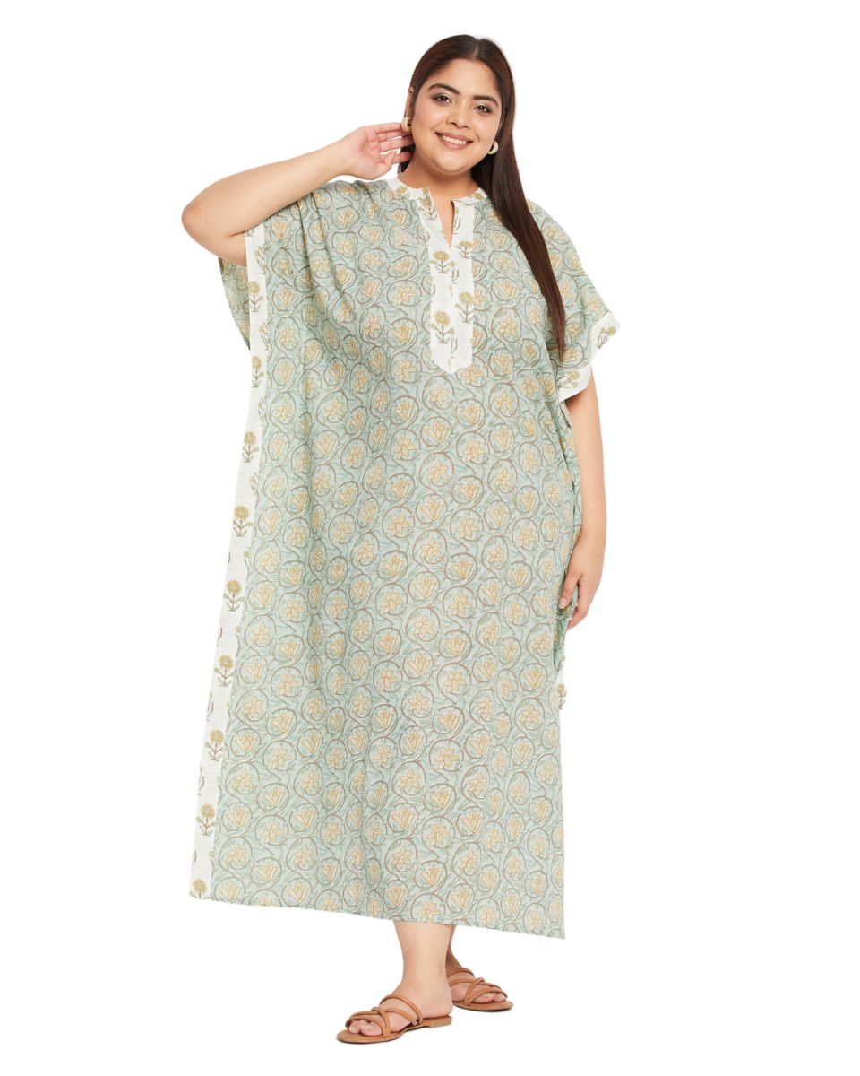 Floral Printed SEA GREEN Cotton Elegant Women Plus Size Kaftan