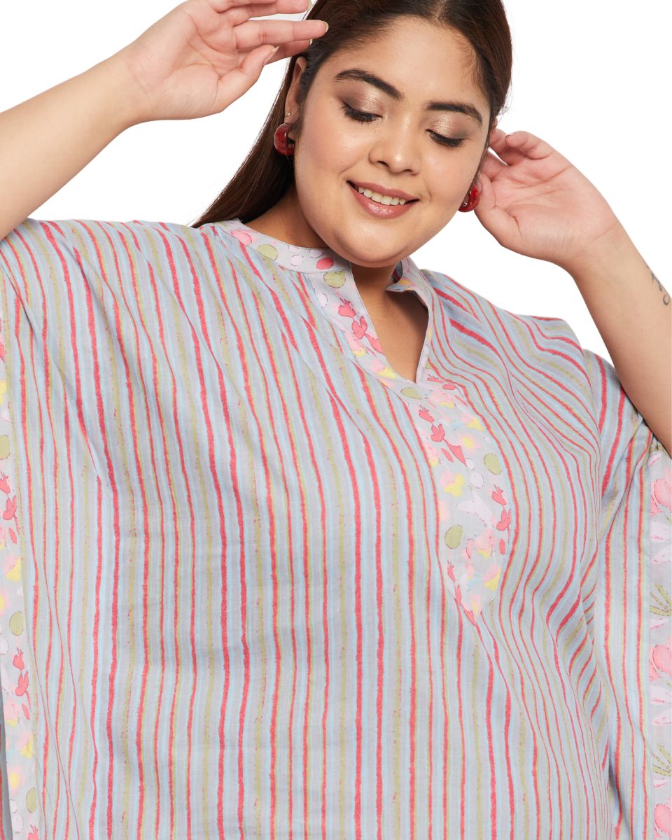 Women Plus Size Striped Printed Gray Cotton Border Kaftan