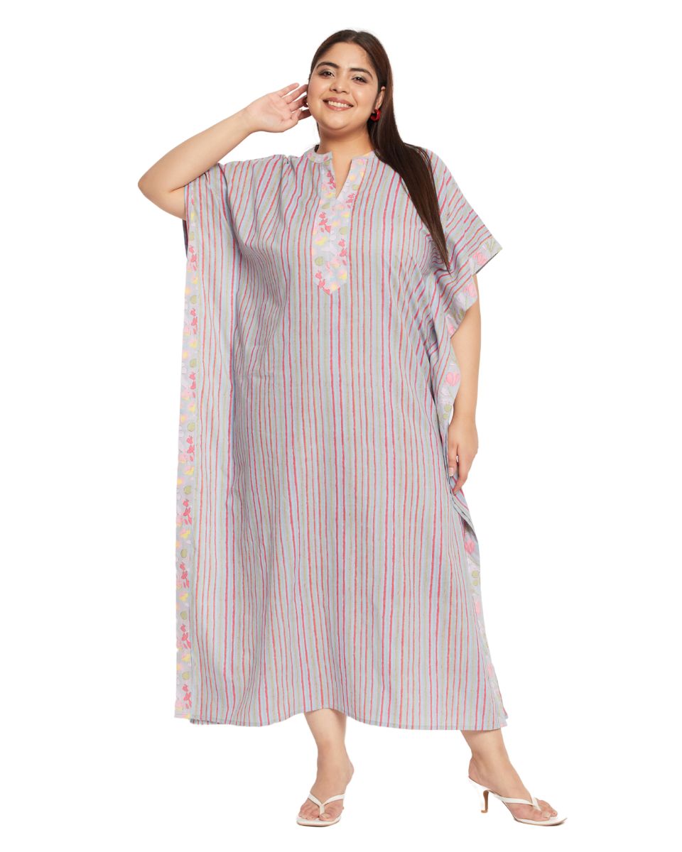 Women Plus Size Striped Printed Gray Cotton Border Kaftan