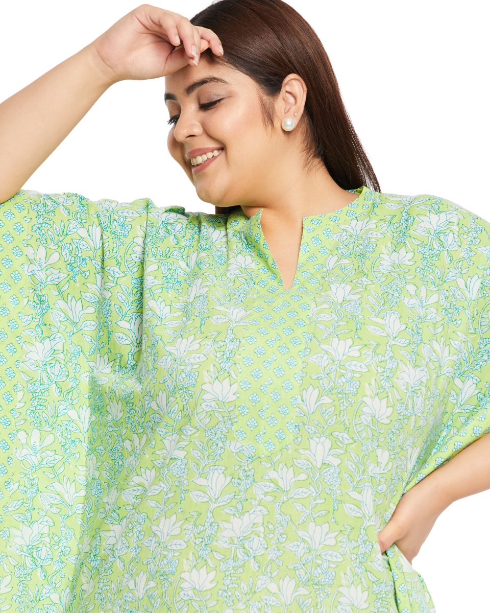 Floral Printed Neon Green Cotton Border Kaftan For Plus Size Women